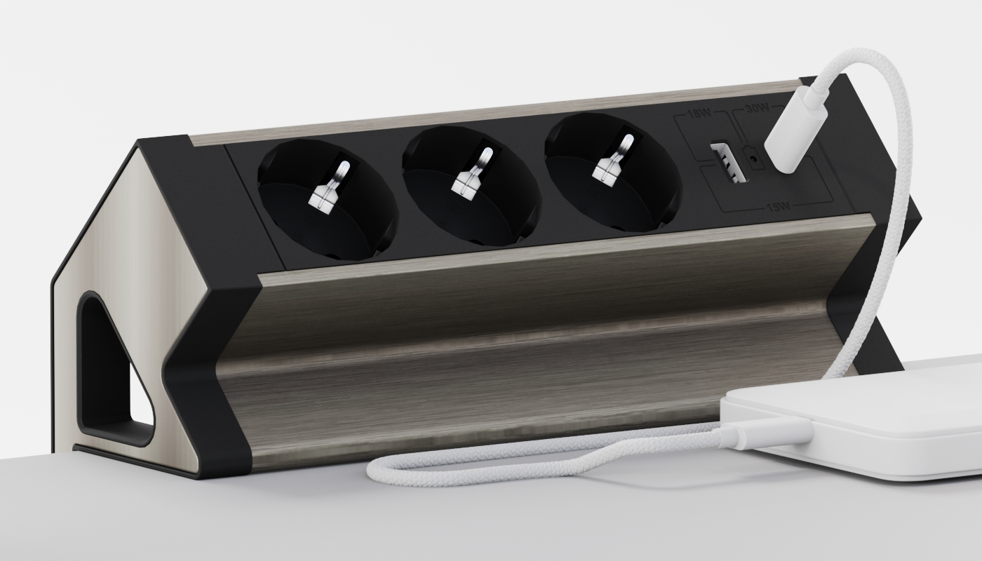 Электрификация Блок розеток настольный с двумя крепежами (3 розетки, USB-A, USB-C) G4103Y-2AC.N Сере
