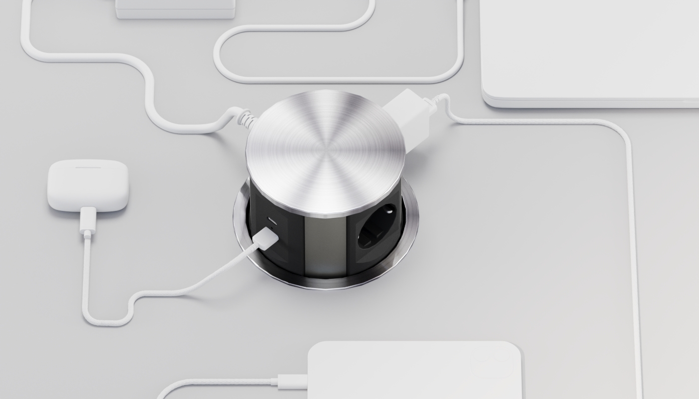 Электрификация Блок розеток выдвижной вертикальный (3 розетки, USB-A, USB-C) G10703N-2AC.N Серебро/Ч